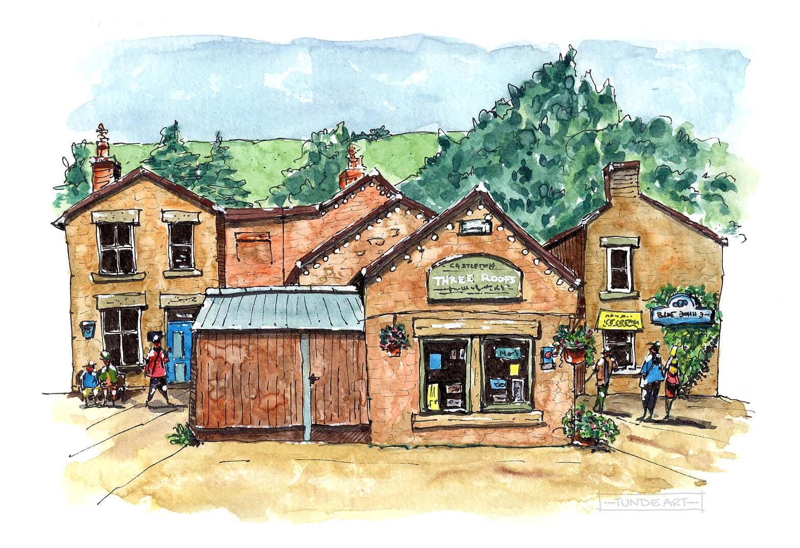 Three Roofs Cafe in Castleton, Peak District - Sketch by Tunde Szentes