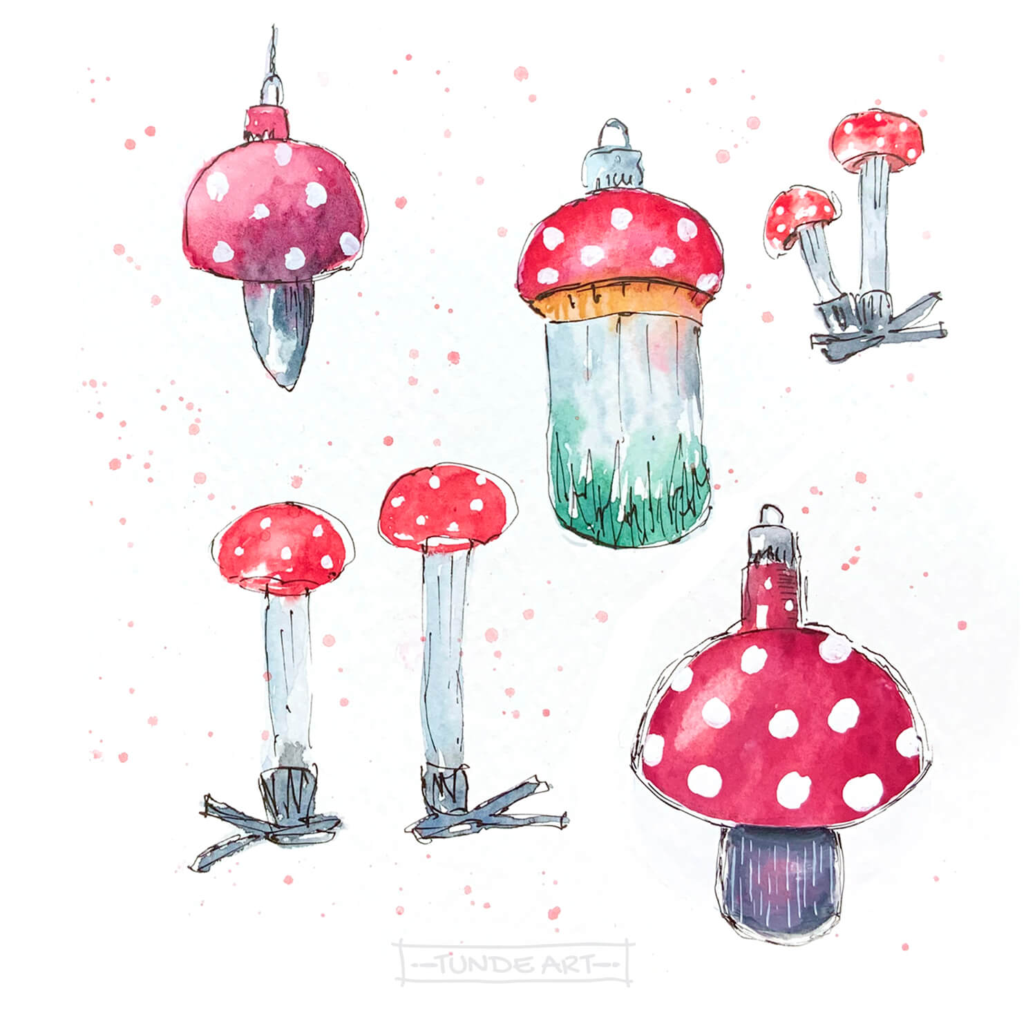 Quick sketch of vintage mushroom ornaments by Tunde Szentes