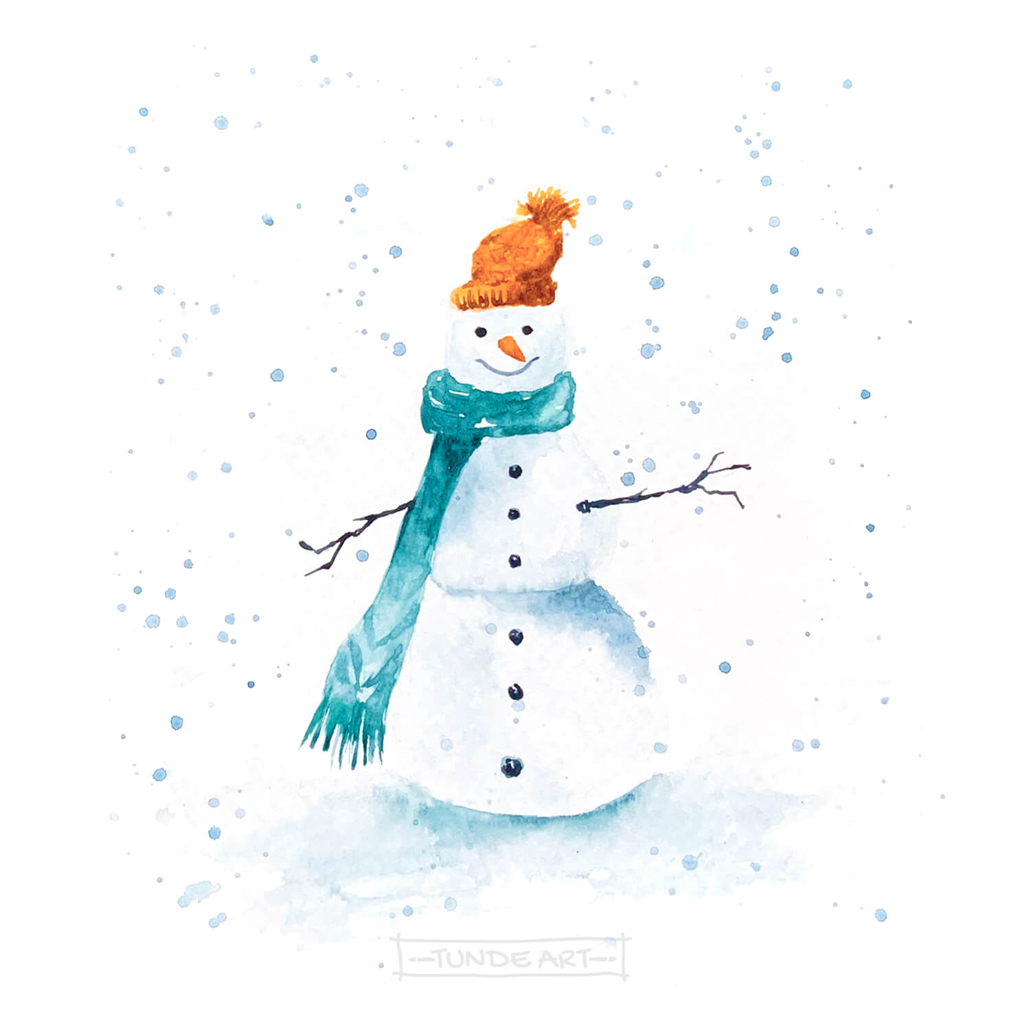 Snowman Watercolour by Tunde Szentes