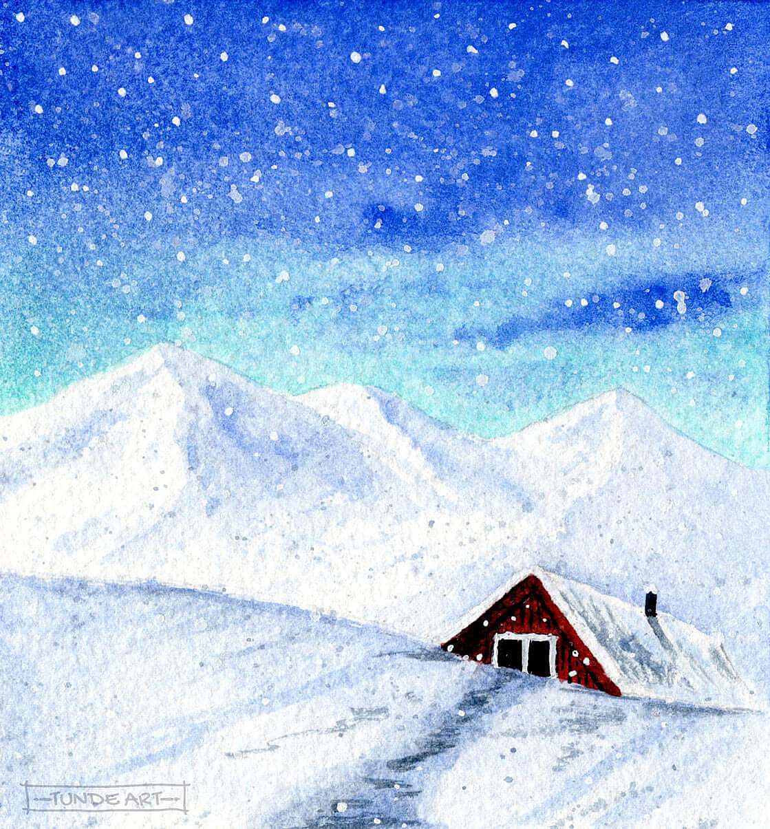 Red cabin with Mountains by Tunde Art