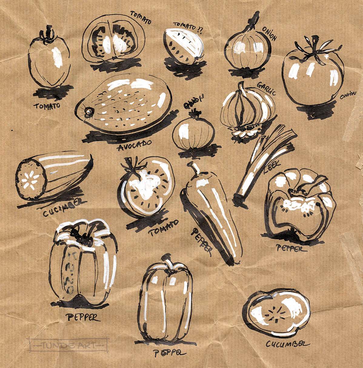 Fruits and Vegetables on Toned Paper by Tunde Szentes