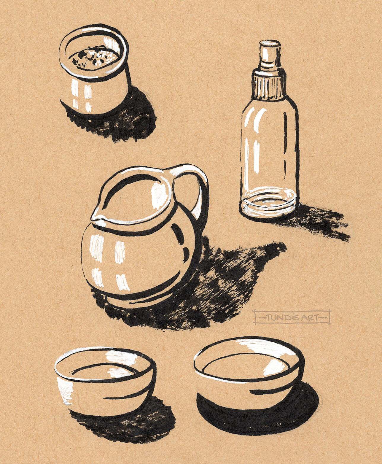 Glass Objects Study on Toned Paper by Tunde Szentes