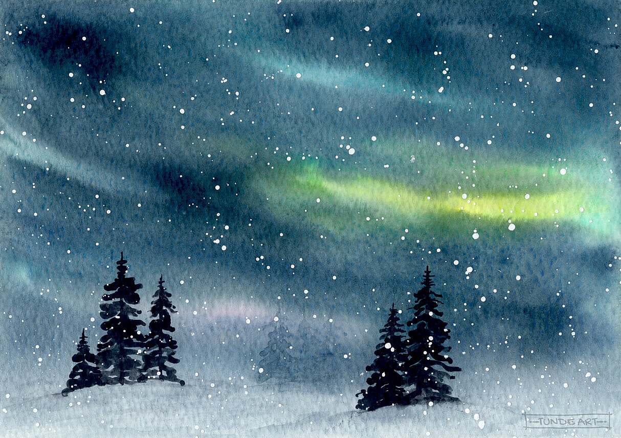 Northern lights with Pine Trees by Tunde Art