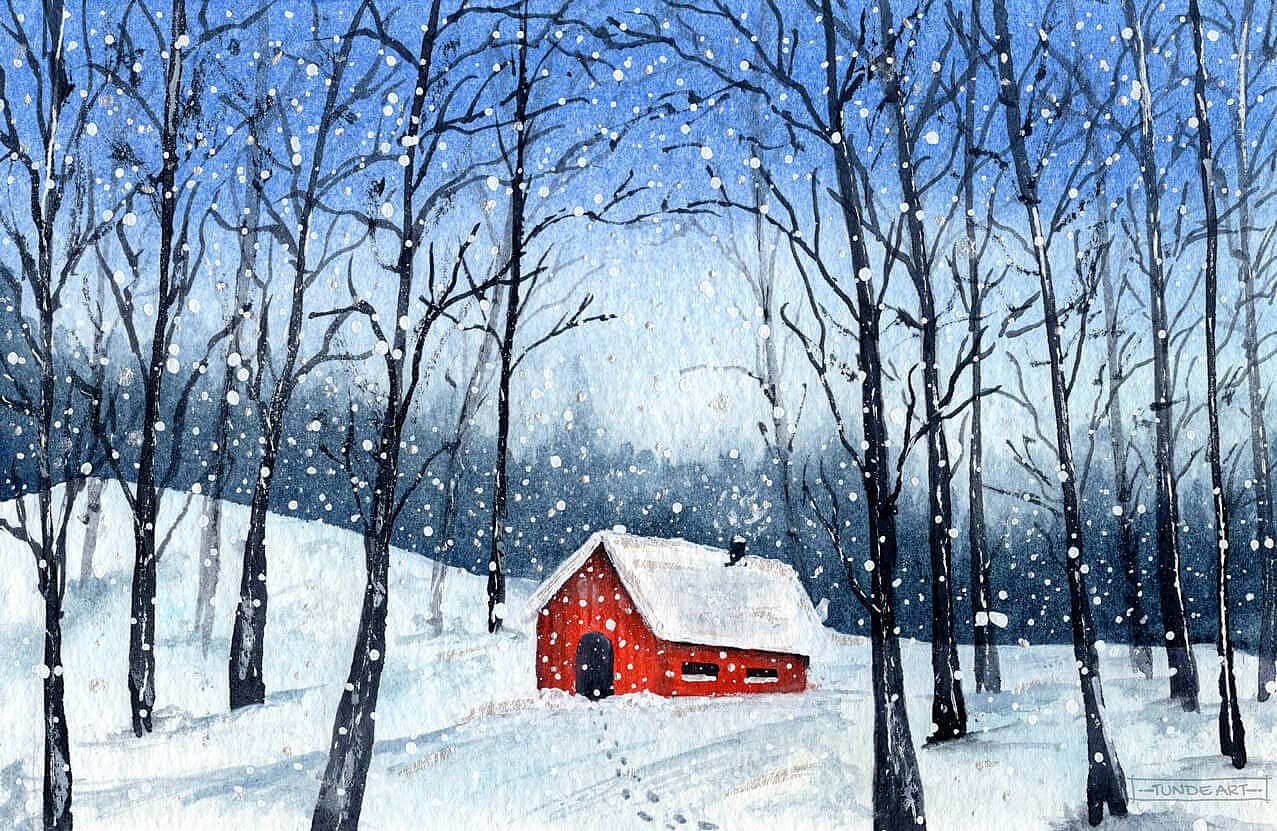 Red Cottage in the Forest on a Winter Day by Tunde Art