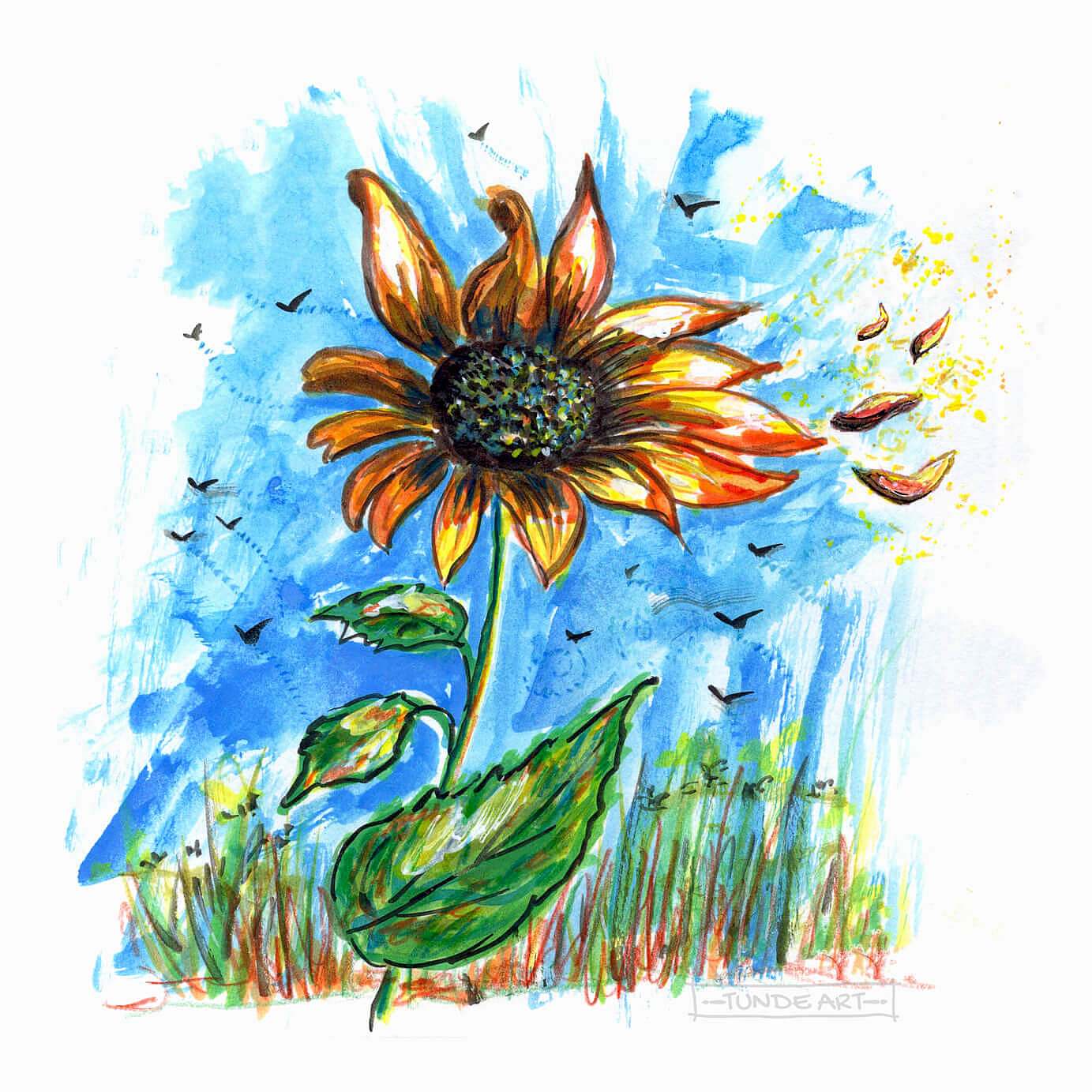 Sunflower Watercolour Ink Sketch - Tunde Art