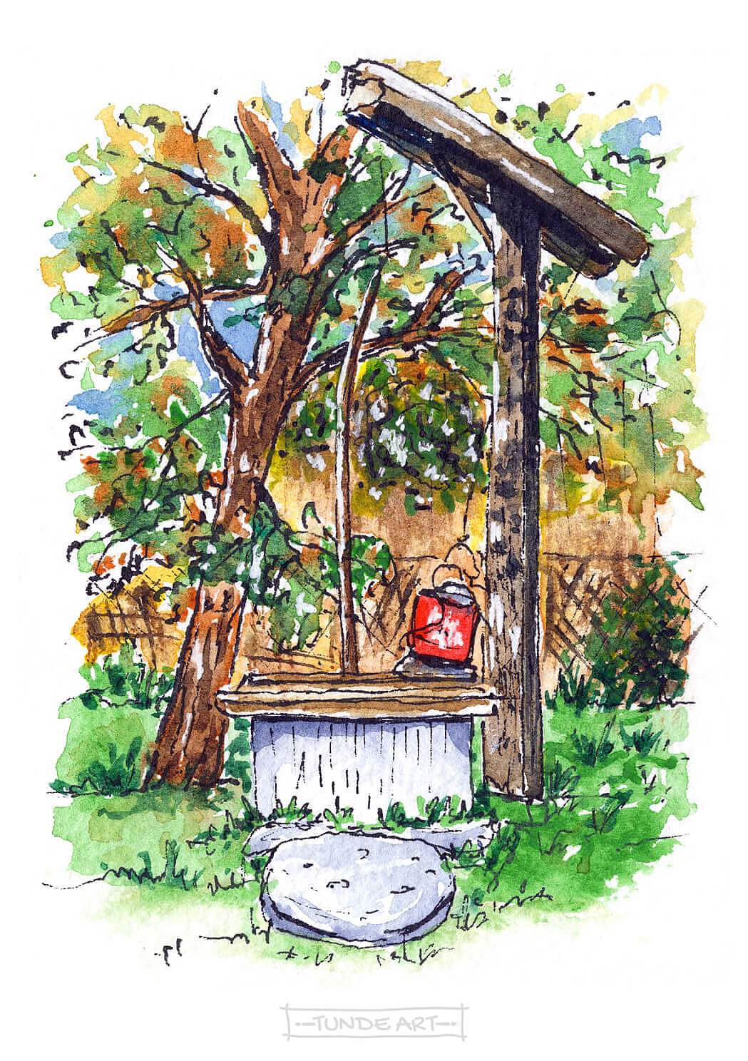 The well in the yard - sketch by Tunde Szentes