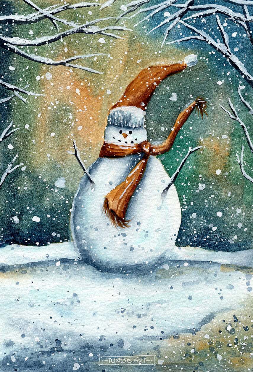 Snowman in the Snow Fall by Tunde Art