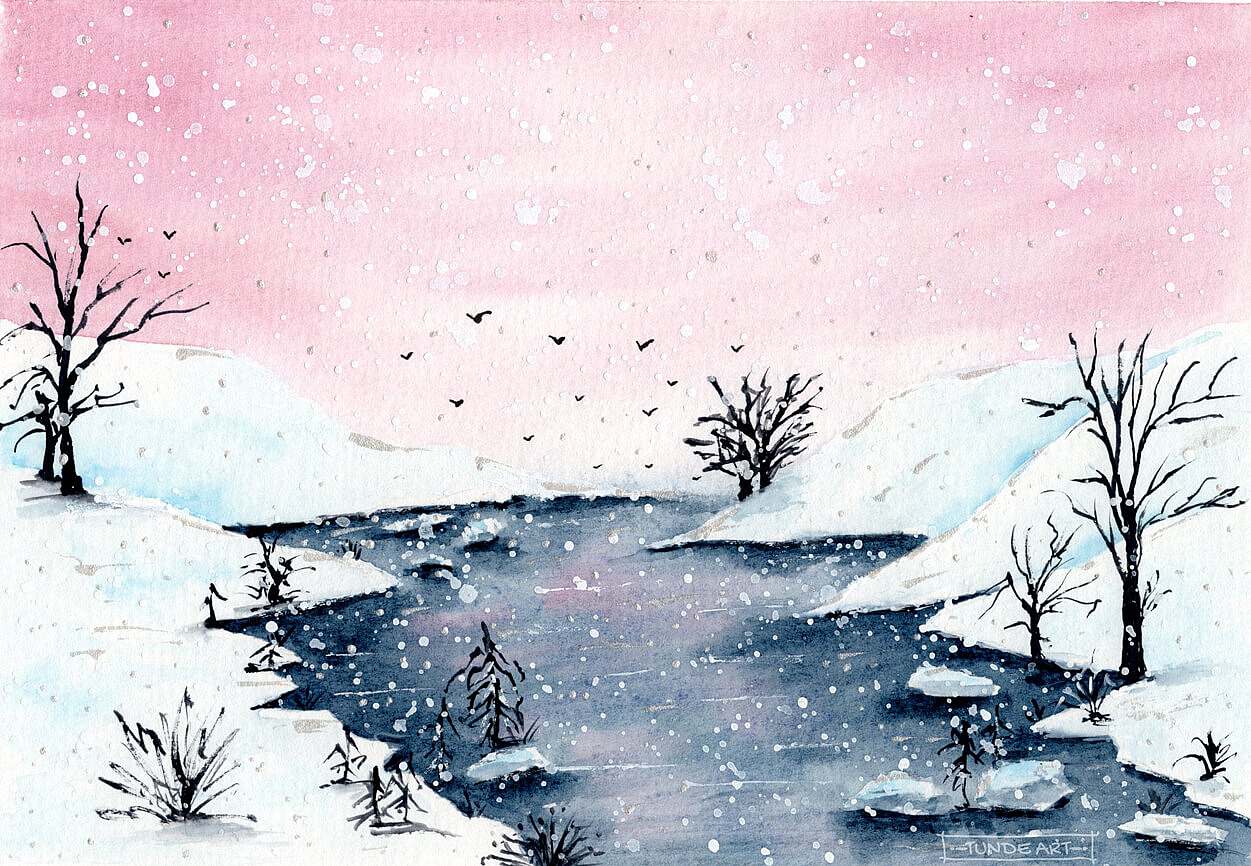 Lake in Winter with Trees by Tunde Art
