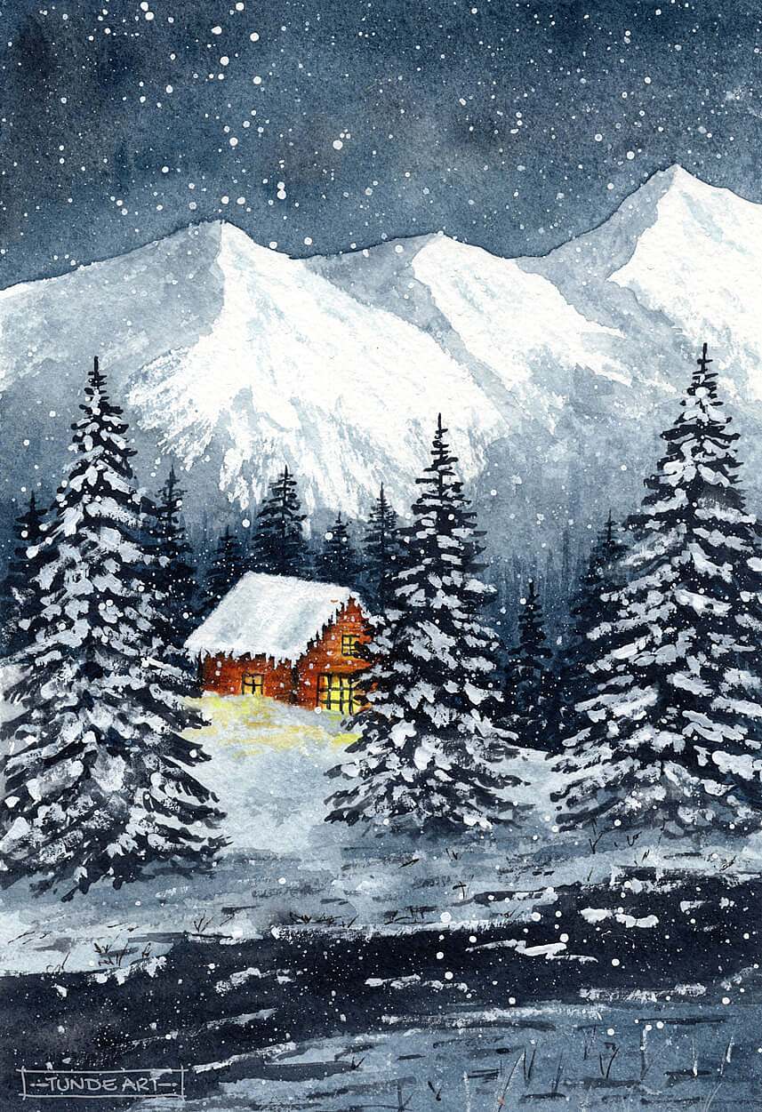 Cabin in the forest with mountains by Tunde Art