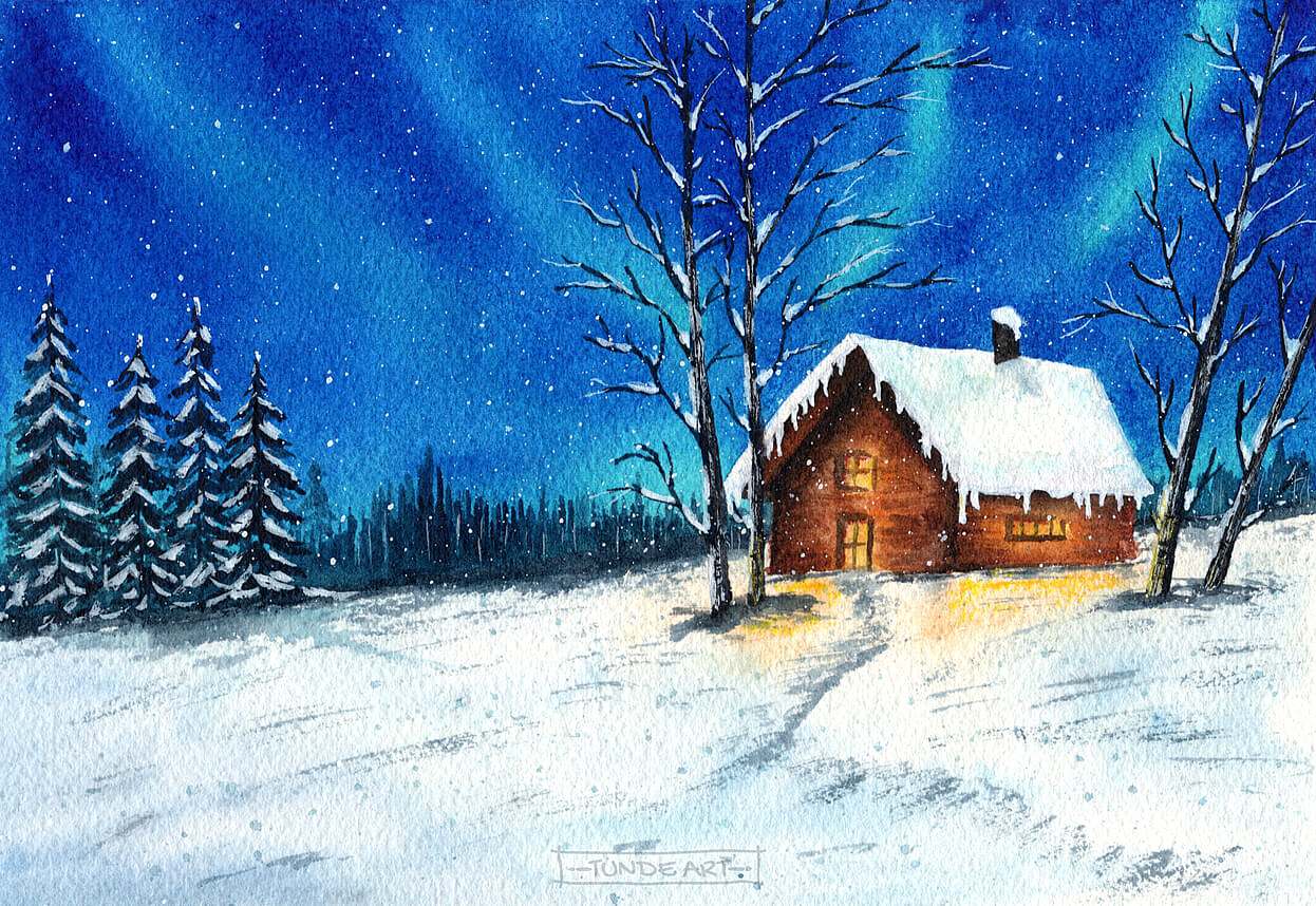 Winter under Northern Lights by Tunde Art